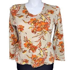 Croft & Barrow Womens T Shirt Top Long Sleeve Cotton Floral Print Orange Tan PL